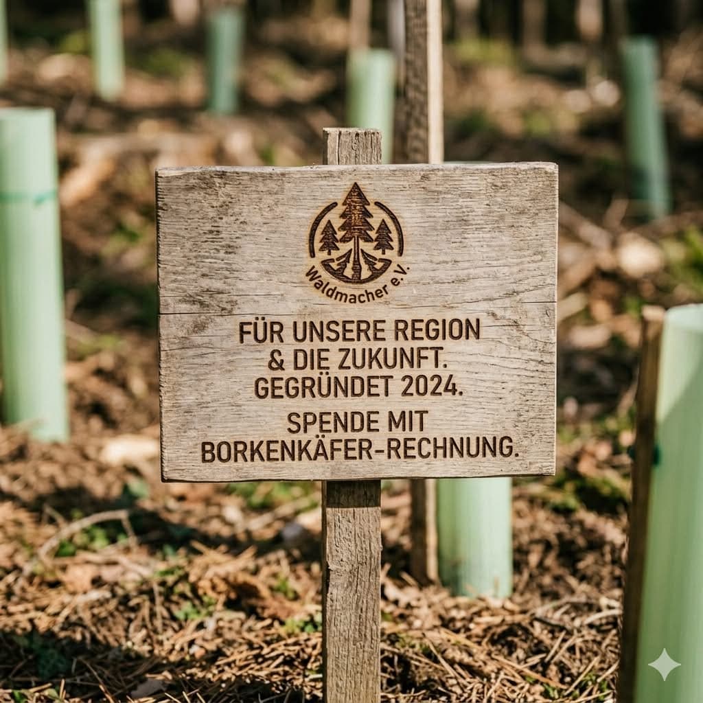 Holzschild auf der Aufforstungsfläche: Für unsere Region & die Zukunft, gegründet 2024